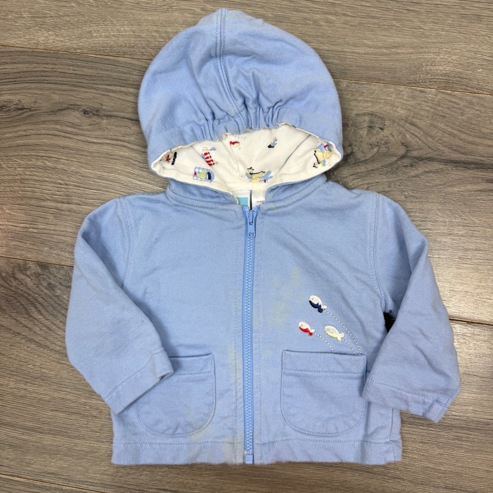 Vintage McBaby Blue Nautical Fish Embroidered Zip Hoodie 3-6 Months Stained